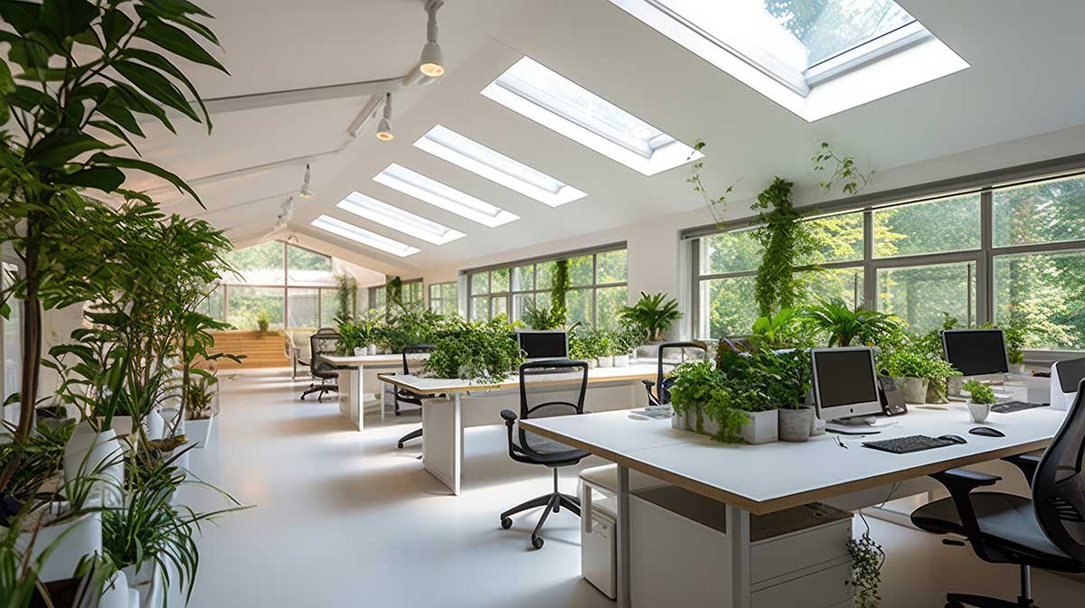 Spazio di lavoro open space con numerose finestre e piante